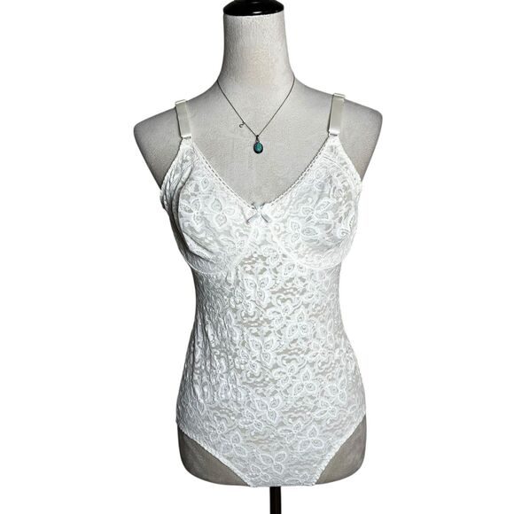 Bali Other - Vintage Bali Floral Cream Lace Bodysuit 40B Nylon Stretch Shaper Underwire 7432